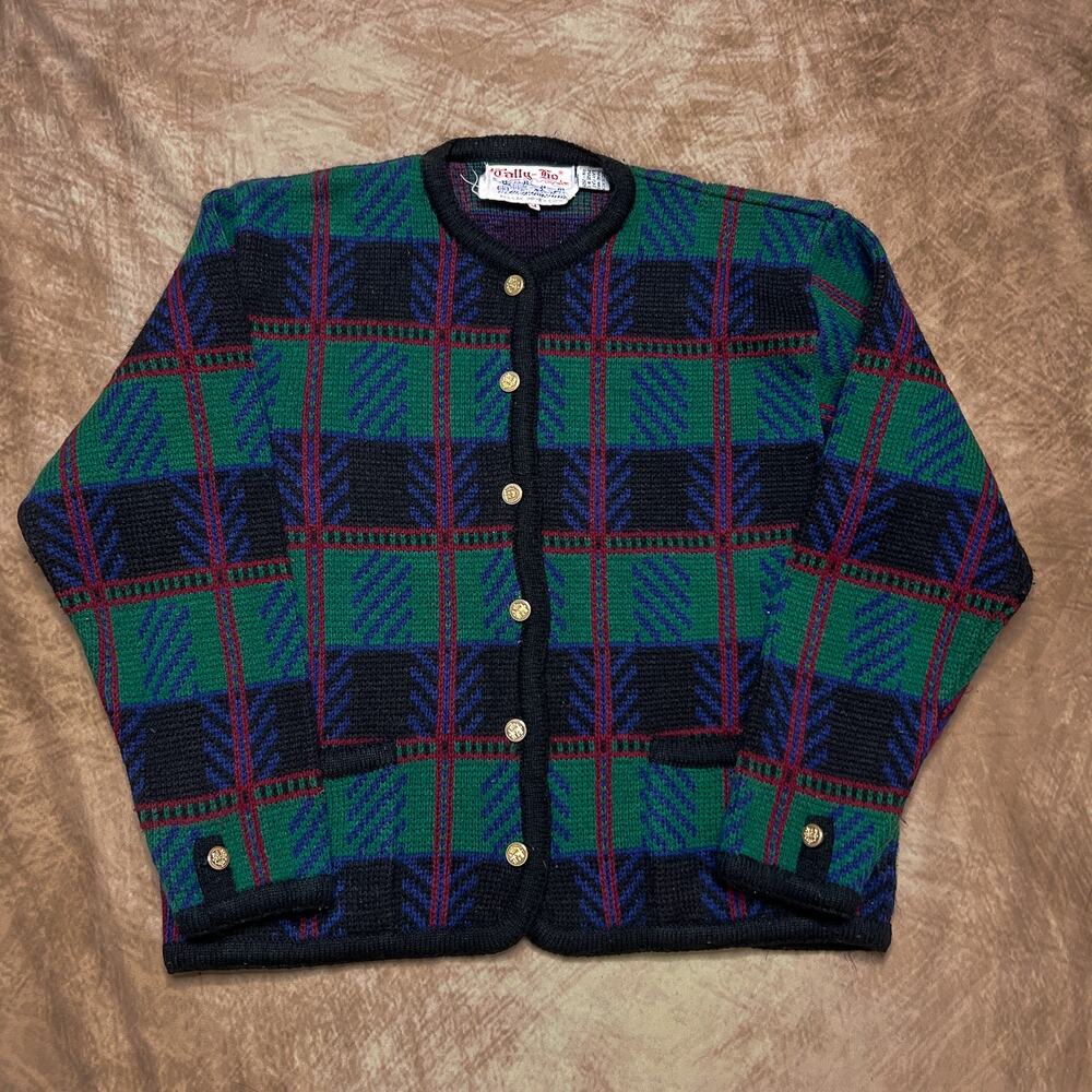 Tally-Ho Vintage Plaid Cardigan Sweater Multicolor Knit Checkered Women's M 80s
